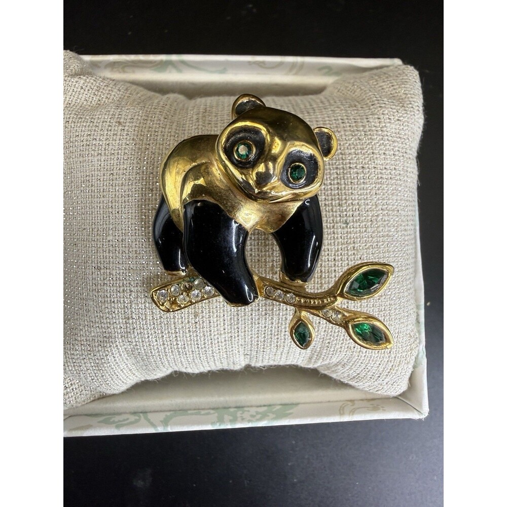 Vintage Signed Roman Gold Tone Black Enamel Paved Rhinestone Panda Brooch